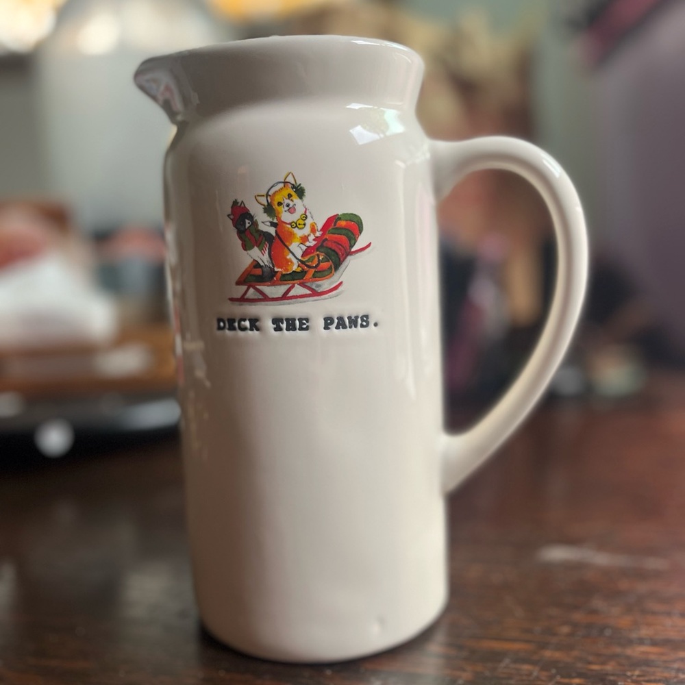 Rae Dunn White Ceramic Pitcher with corgi Design